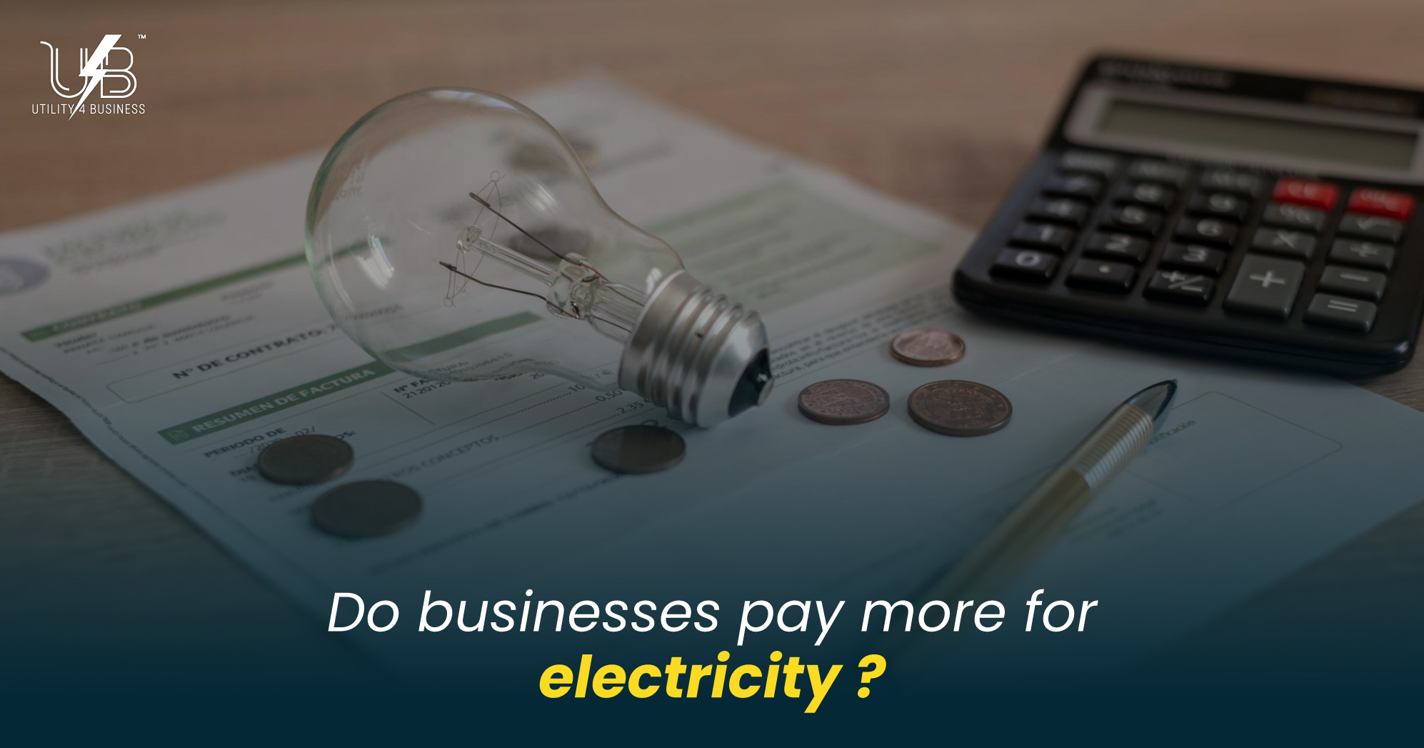 Understanding business electricity prices. Lightbulb, coins & bill illustrate costs. See Utility4Business savings tips.